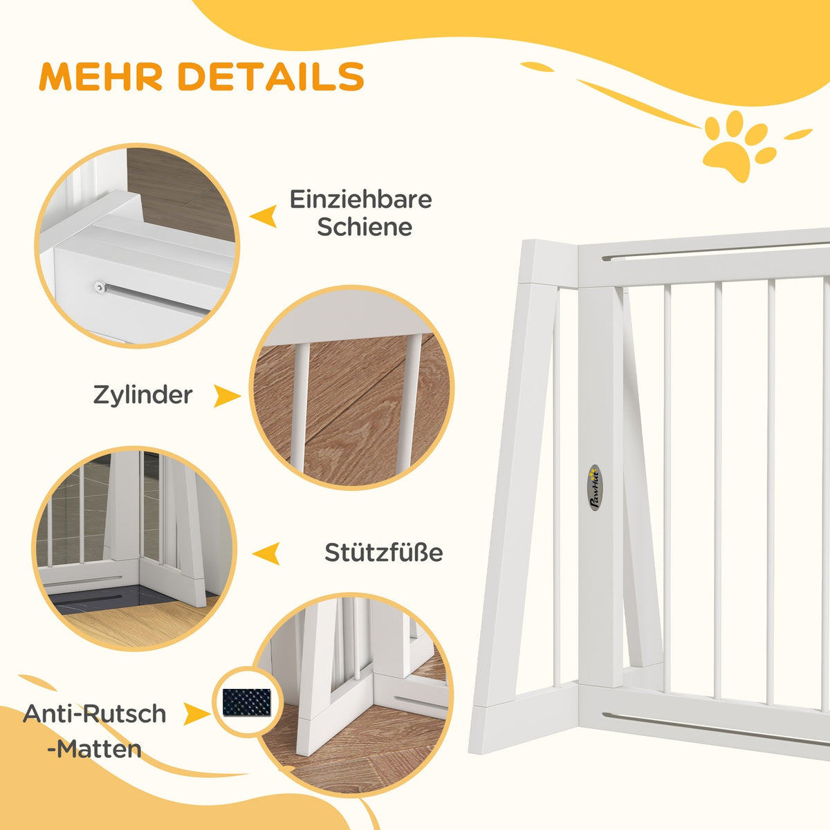 Door gate dog extendable wooden frame 71-190 x 38.5 x 56 cm with 3 panels, stair gate for kitchen, hallway, stairs, white