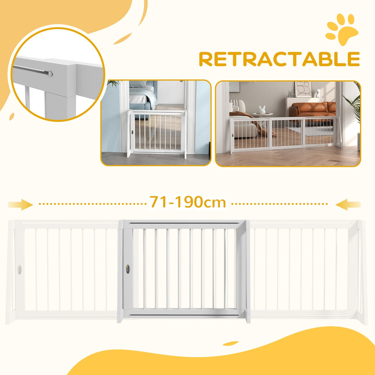 Door gate dog extendable wooden frame 71-190 x 38.5 x 56 cm with 3 panels, stair gate for kitchen, hallway, stairs, white