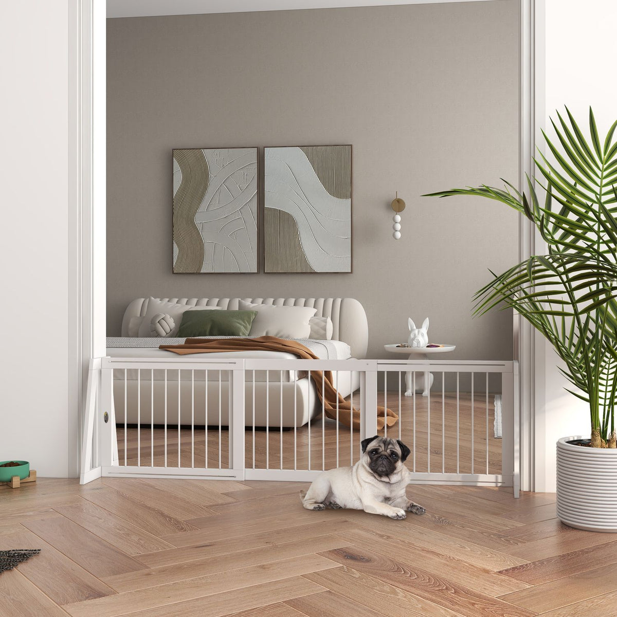 Door gate dog extendable wooden frame 71-190 x 38.5 x 56 cm with 3 panels, stair gate for kitchen, hallway, stairs, white