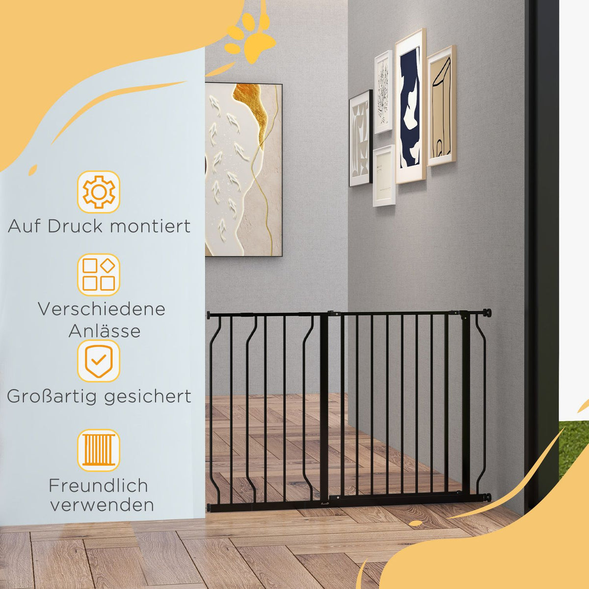 Door gate dog length adjustable, assembly without drilling, baby door gate, protective gate, two-way opening, black, 75-115 cm