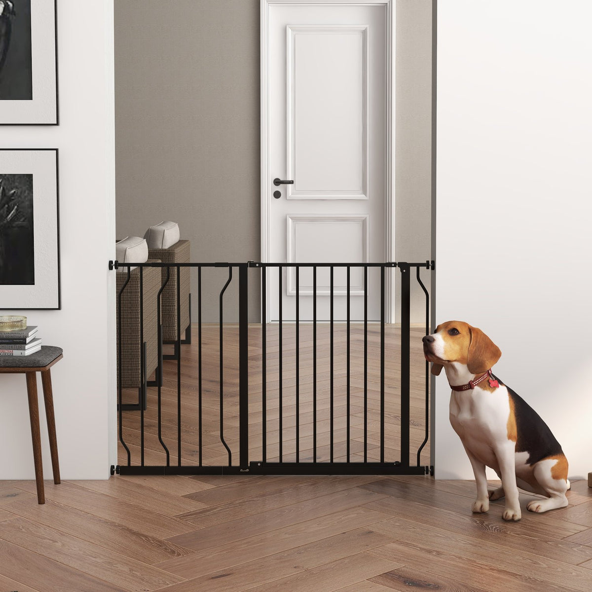 Door gate dog length adjustable, assembly without drilling, baby door gate, protective gate, two-way opening, black, 75-115 cm