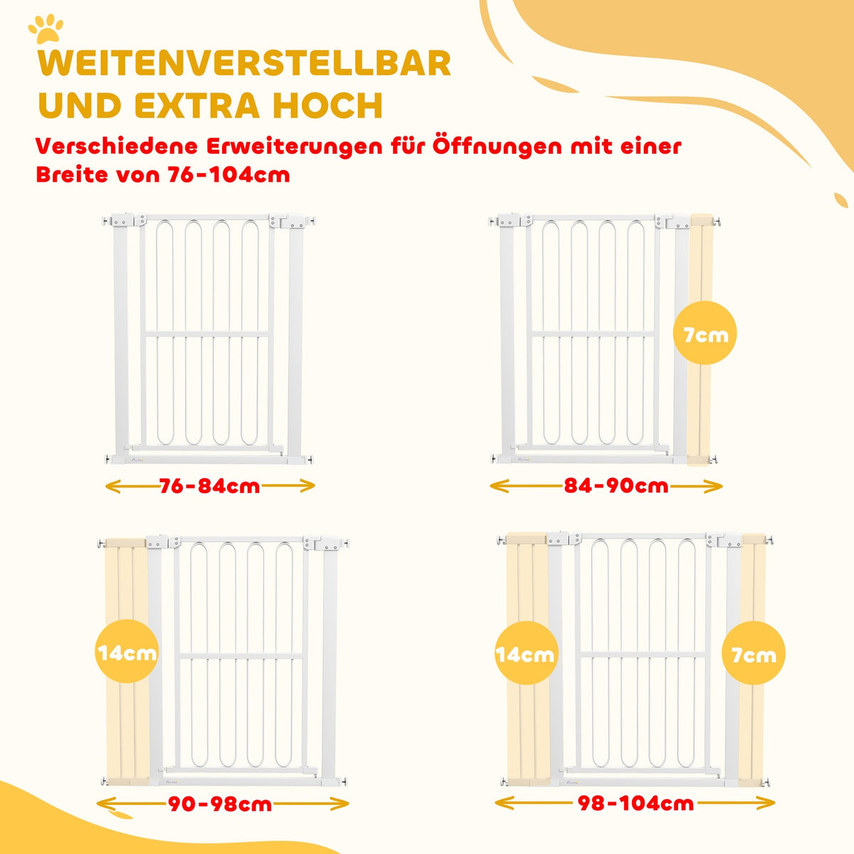 Door gate for dogs, 76-104 cm stair gate without drilling, lockable stair gate, protective gate for all large dogs, steel, white