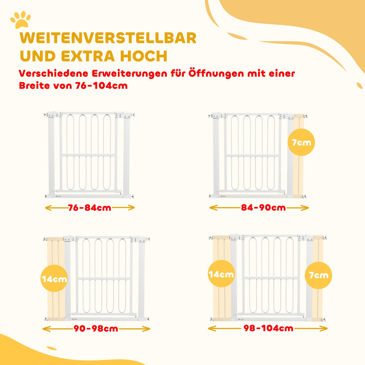Door gate for dogs, 76-104 cm stair gate without drilling, lockable stair gate, protective gate for all large dogs, steel, white