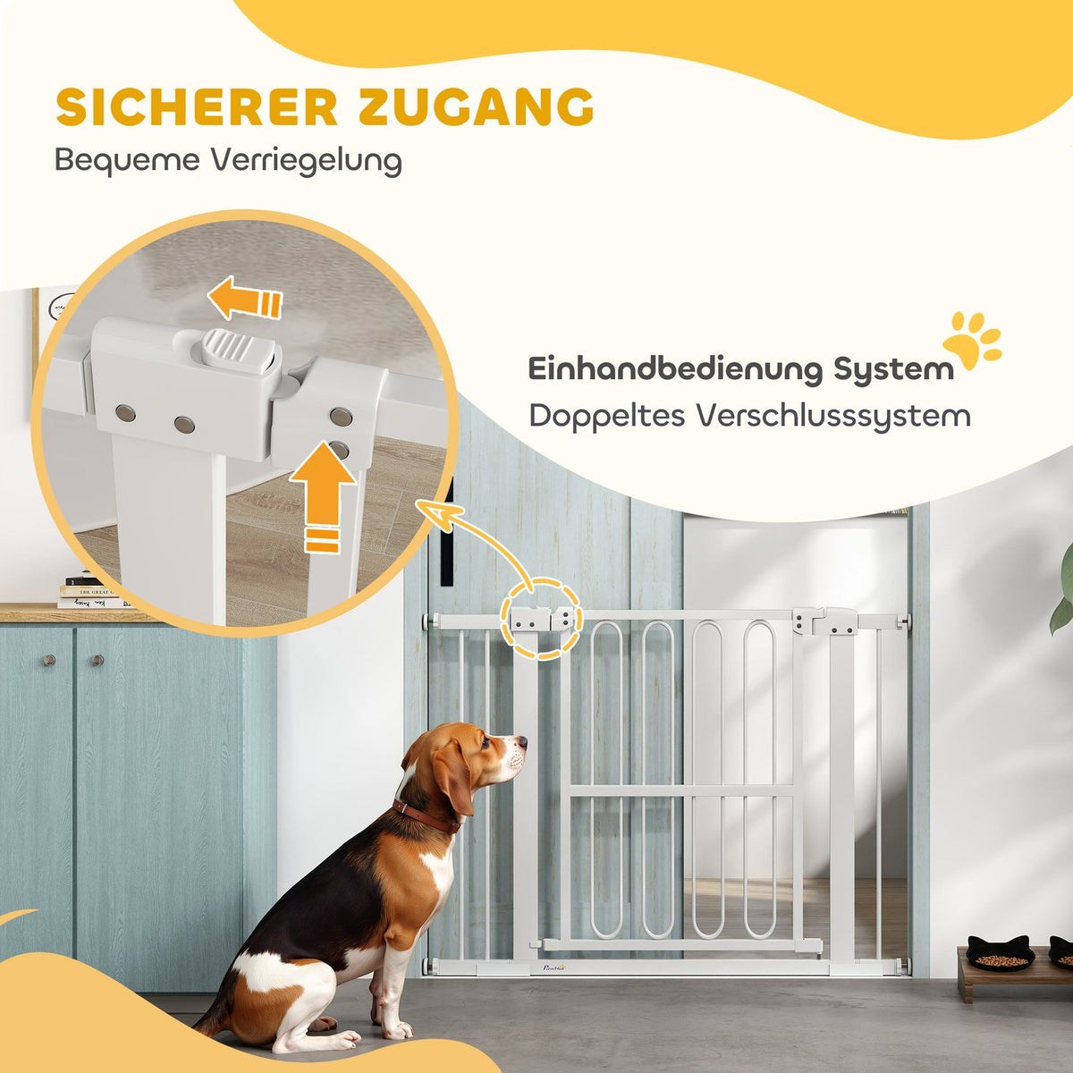 Door gate for dogs, 76-104 cm stair gate without drilling, lockable stair gate, protective gate for all large dogs, steel, white