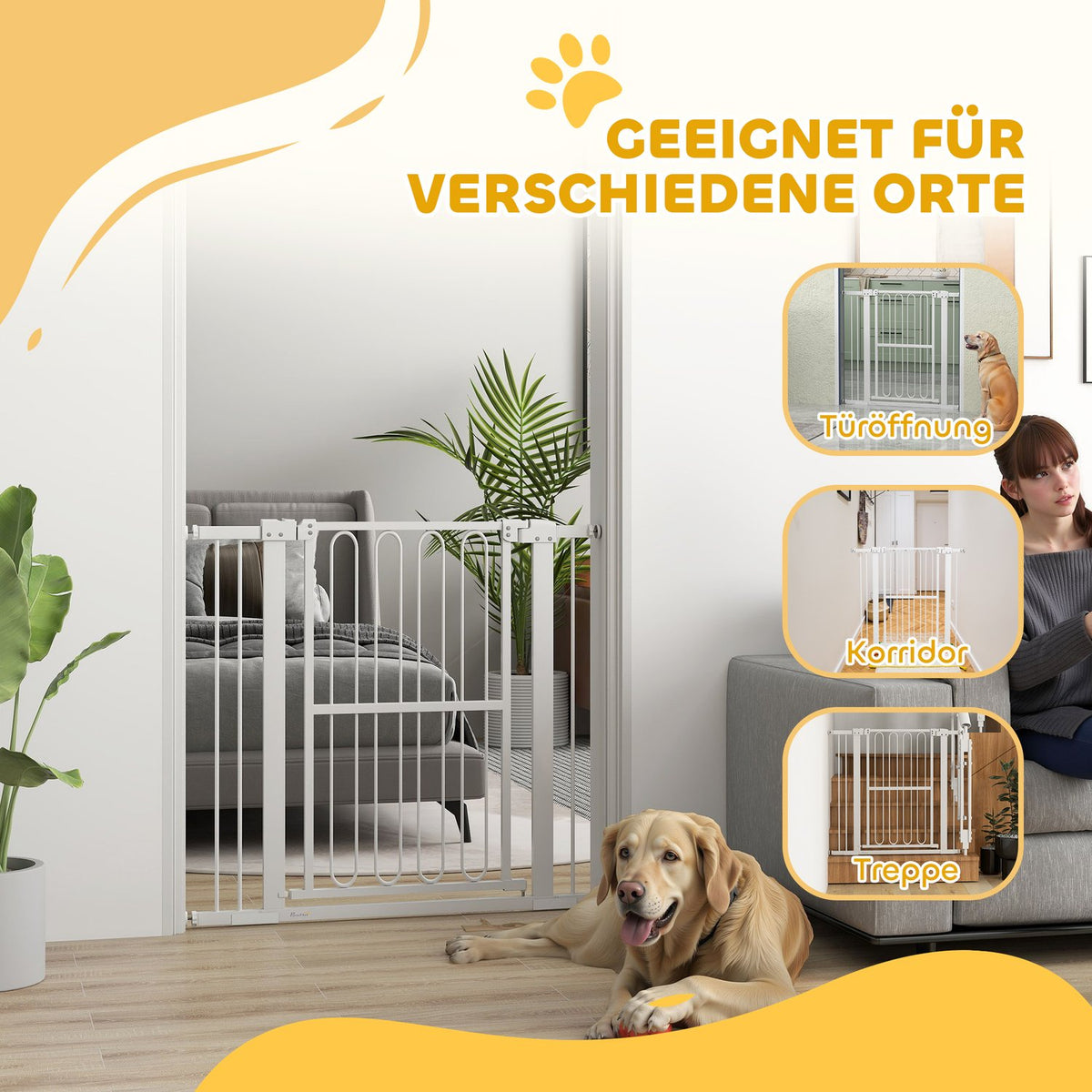 Door gate for dogs, 76-104 cm stair gate without drilling, lockable stair gate, protective gate for all large dogs, steel, white