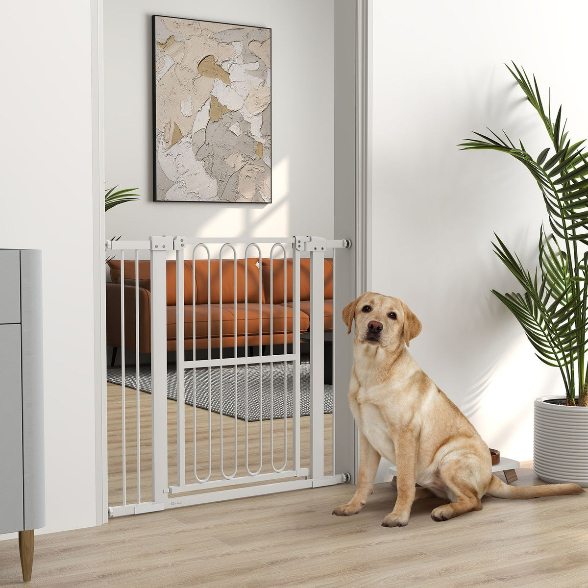 Door gate for dogs, 76-104 cm stair gate without drilling, lockable stair gate, protective gate for all large dogs, steel, white