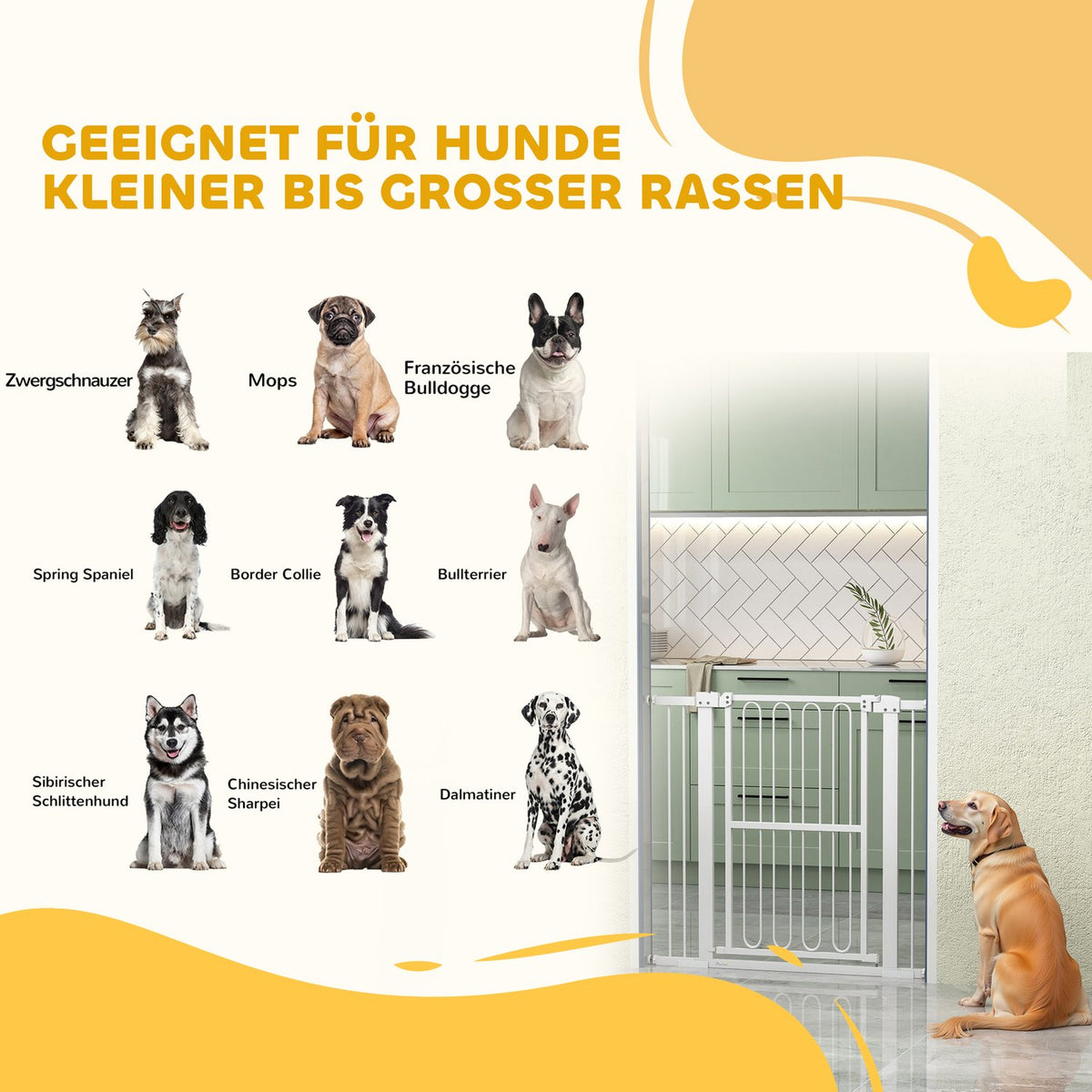 Door gate for dogs, 76-104 cm stair gate without drilling, lockable stair gate, protective gate for all large dogs, steel, white