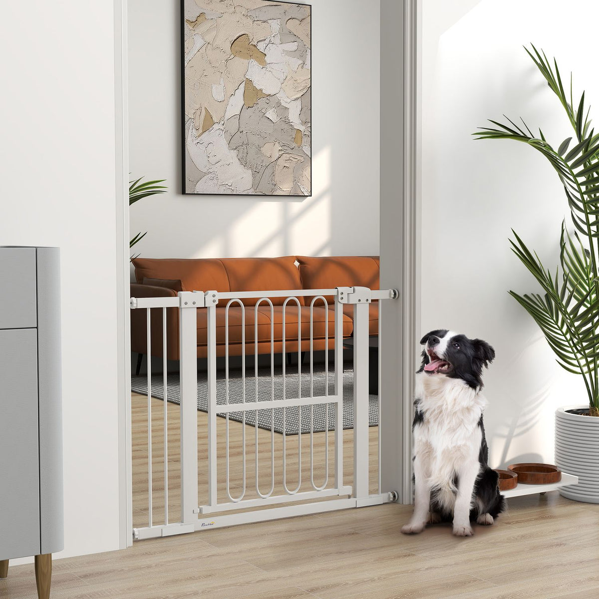 Door gate for dogs, 76-104 cm stair gate without drilling, lockable stair gate, protective gate for all large dogs, steel, white