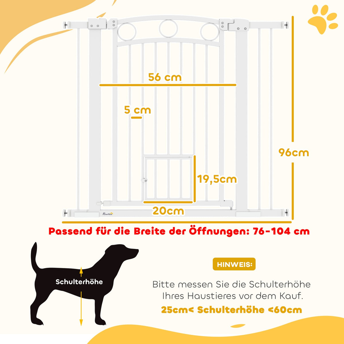 Door gate for dogs, 76-104 cm stair gate without drilling, lockable stair gate with cat door, protective gate for all large dogs, steel, white