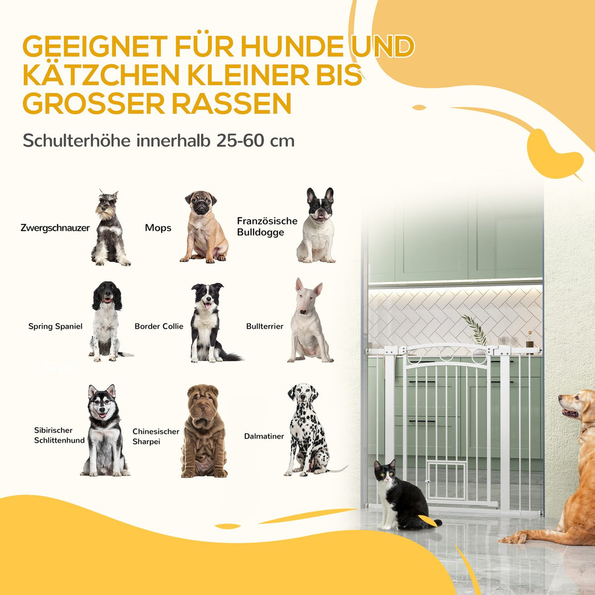 Door gate for dogs, 76-104 cm stair gate without drilling, lockable stair gate with cat door, protective gate for all large dogs, steel, white