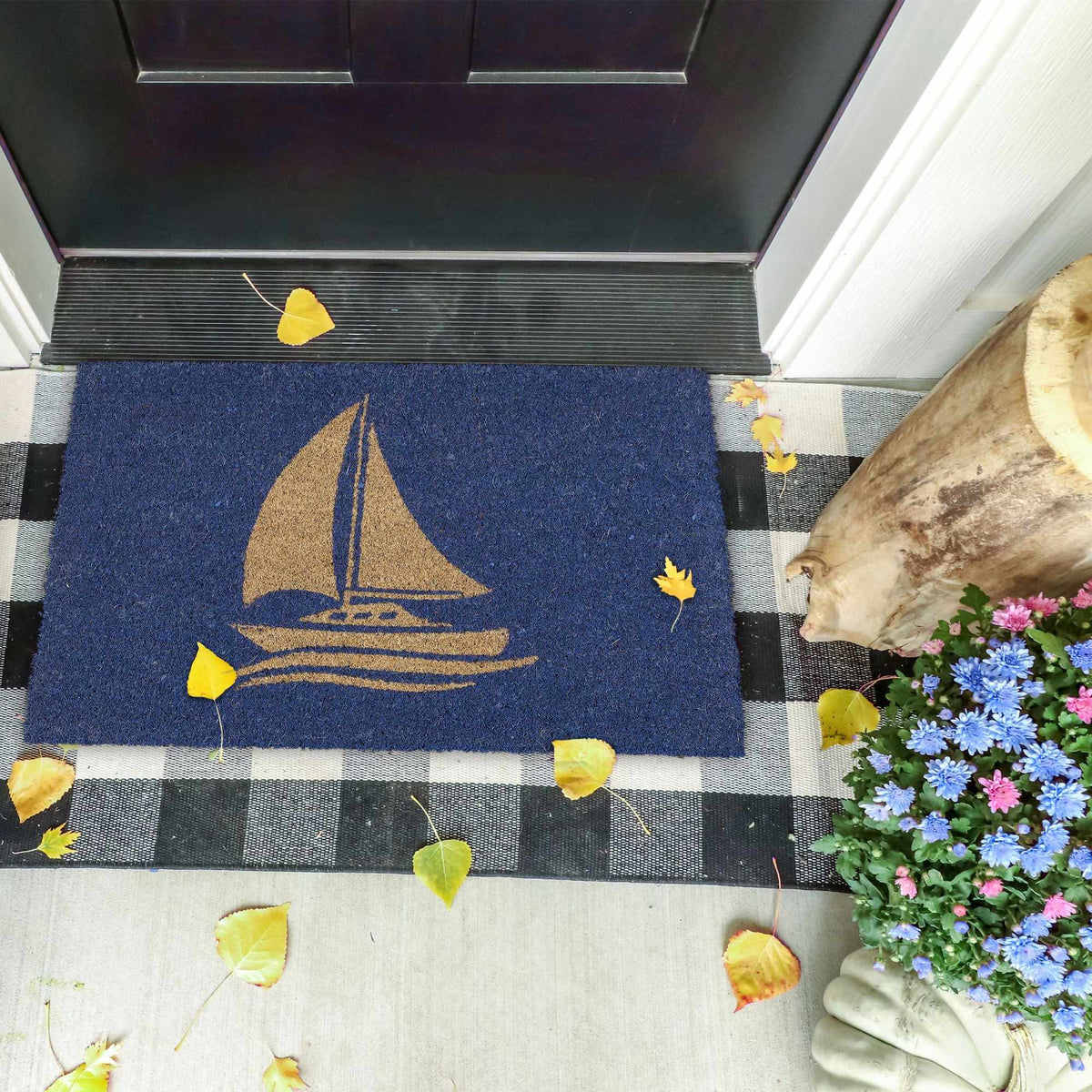 Door mat coconut fiber sailboat blue