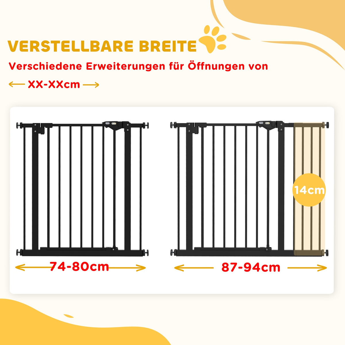 Door protection gate for dogs, barrier gate, 74-80/87-94 cm, stair gate for pets, dog gate including various extensions, protective gate without drilling, metal, plastic, black |
