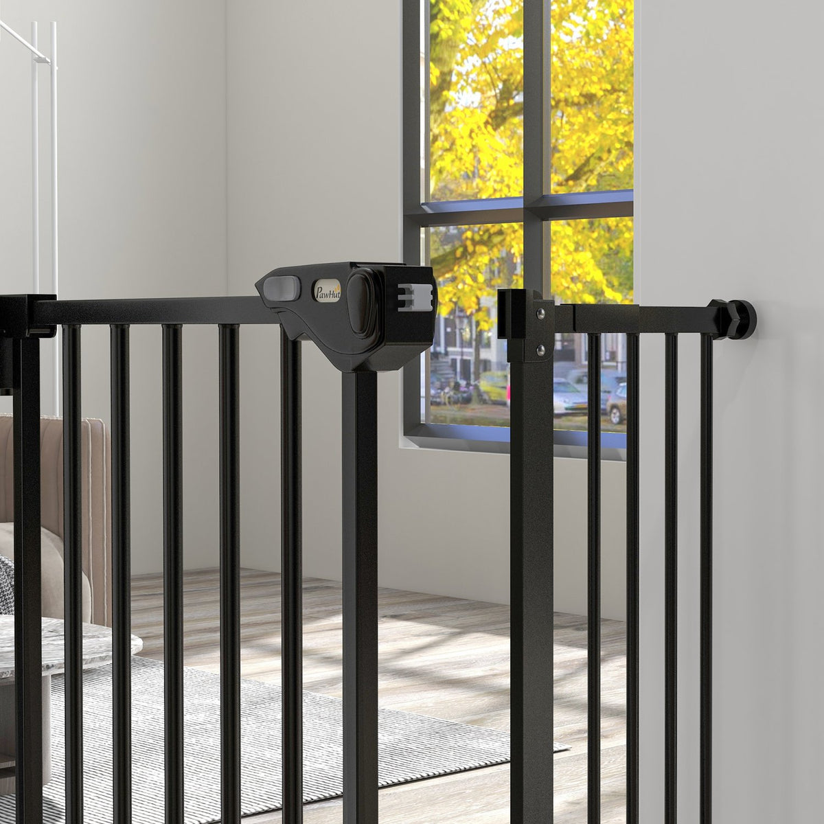 Door protection gate for dogs, barrier gate, 74-80/87-94 cm, stair gate for pets, dog gate including various extensions, protective gate without drilling, metal, plastic, black |
