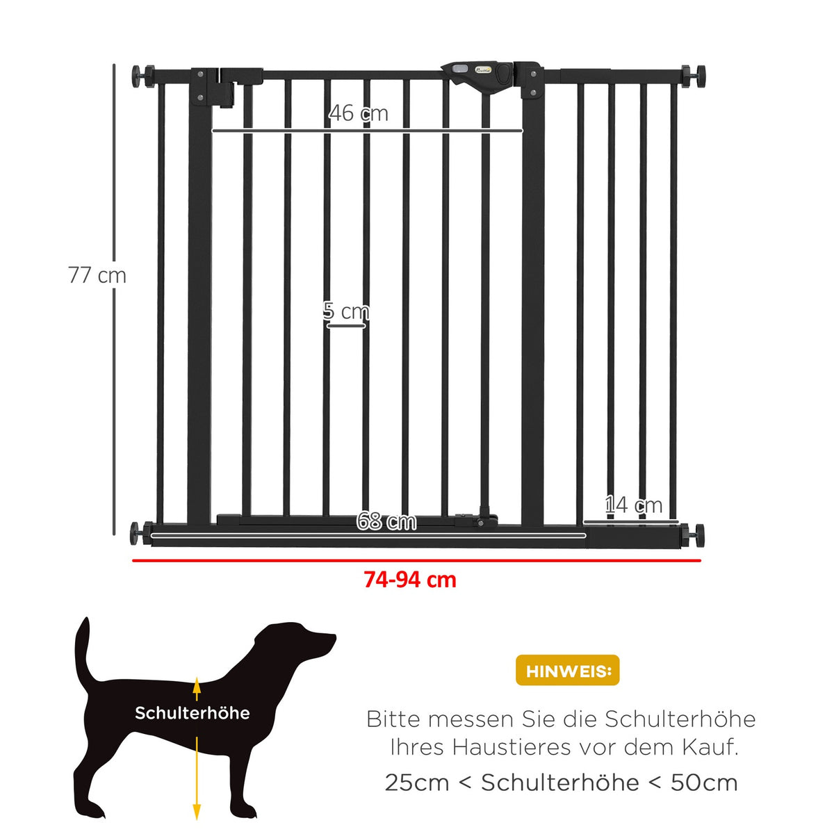 Door protection gate for dogs, barrier gate, 74-80/87-94 cm, stair gate for pets, dog gate including various extensions, protective gate without drilling, metal, plastic, black |