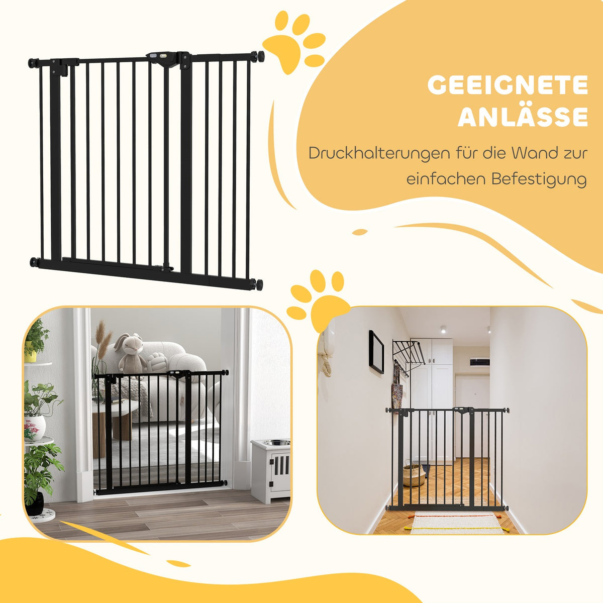 Door protection gate for dogs, barrier gate, 74-80/87-94 cm, stair gate for pets, dog gate including various extensions, protective gate without drilling, metal, plastic, black |