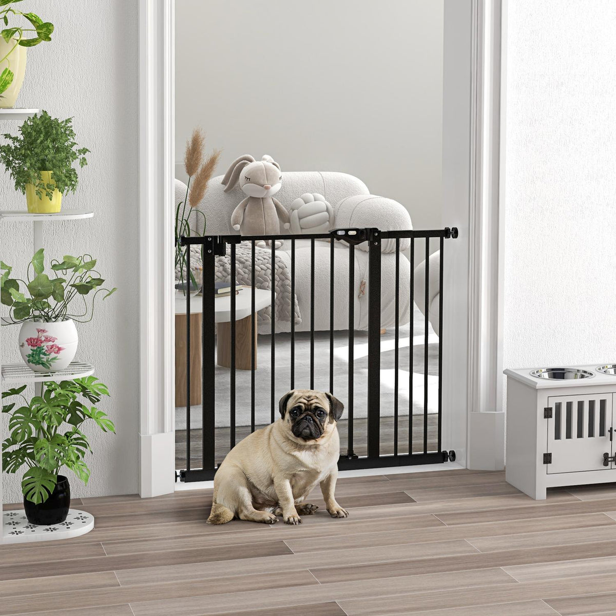 Door protection gate for dogs, barrier gate, 74-80/87-94 cm, stair gate for pets, dog gate including various extensions, protective gate without drilling, metal, plastic, black |