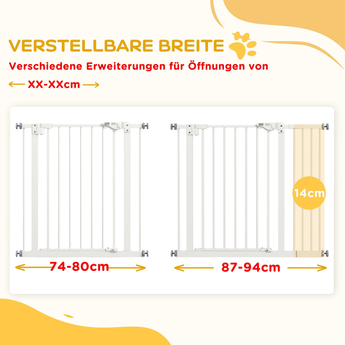 Door protection gate for dogs, barrier gate, 74-80/87-94 cm, stair gate for pets, dog gate including various extensions, protective gate without drilling, metal, plastic, white |