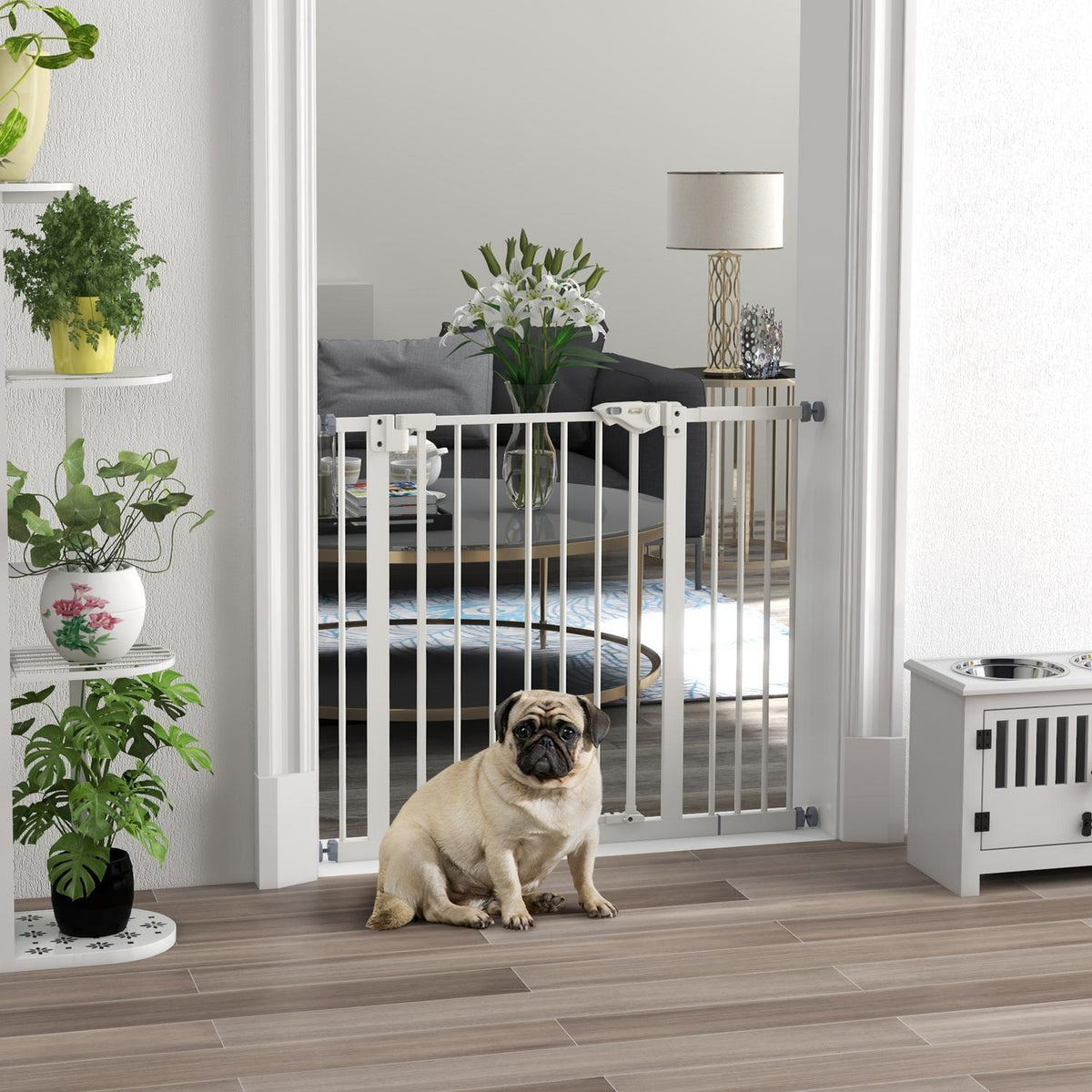 Door protection gate for dogs, barrier gate, 74-80/87-94 cm, stair gate for pets, dog gate including various extensions, protective gate without drilling, metal, plastic, white |