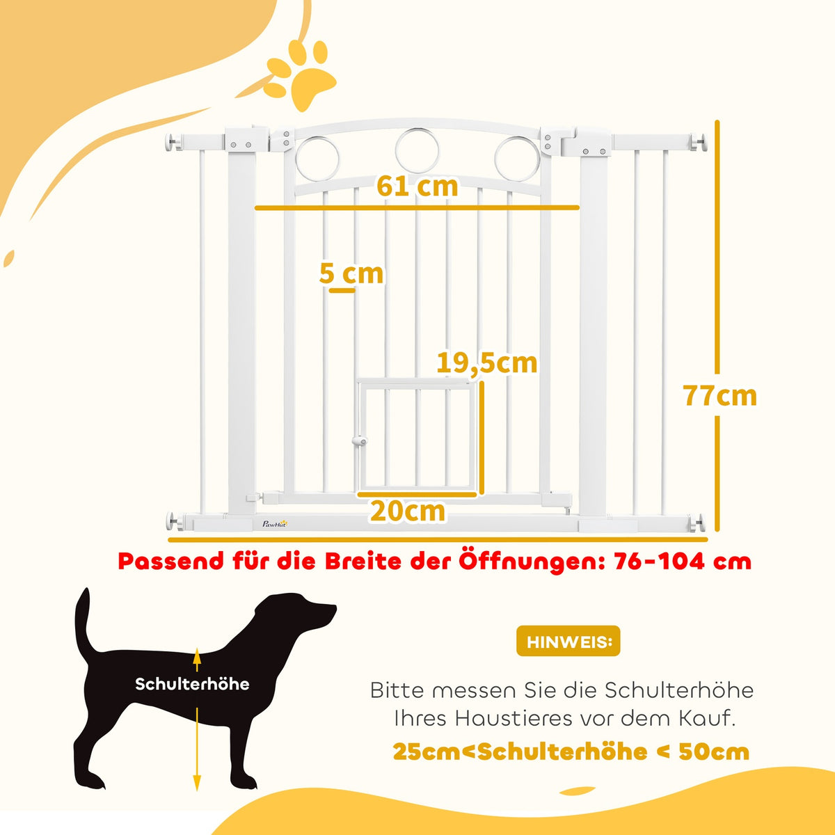 Door safety gate, 76-104 cm stair gate, stair gate without drilling, stair gate with cat door, lockable safety gate, for medium-sized dogs, steel, white
