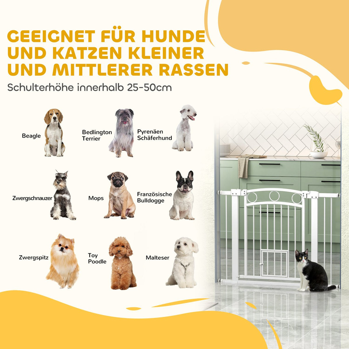 Door safety gate, 76-104 cm stair gate, stair gate without drilling, stair gate with cat door, lockable safety gate, for medium-sized dogs, steel, white