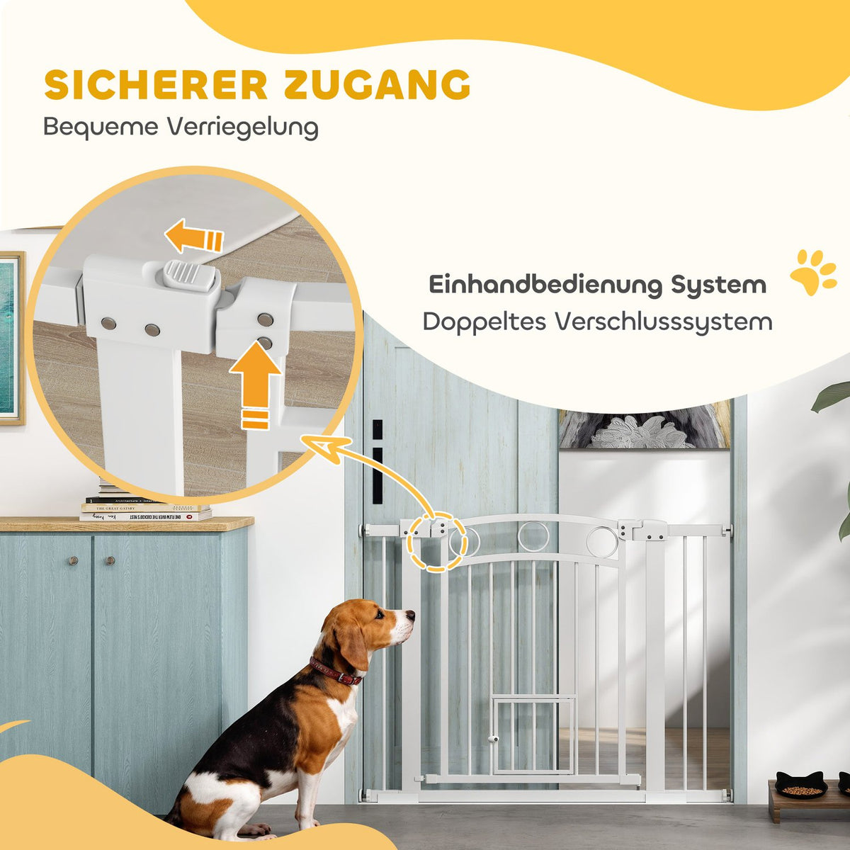 Door safety gate, 76-104 cm stair gate, stair gate without drilling, stair gate with cat door, lockable safety gate, for medium-sized dogs, steel, white