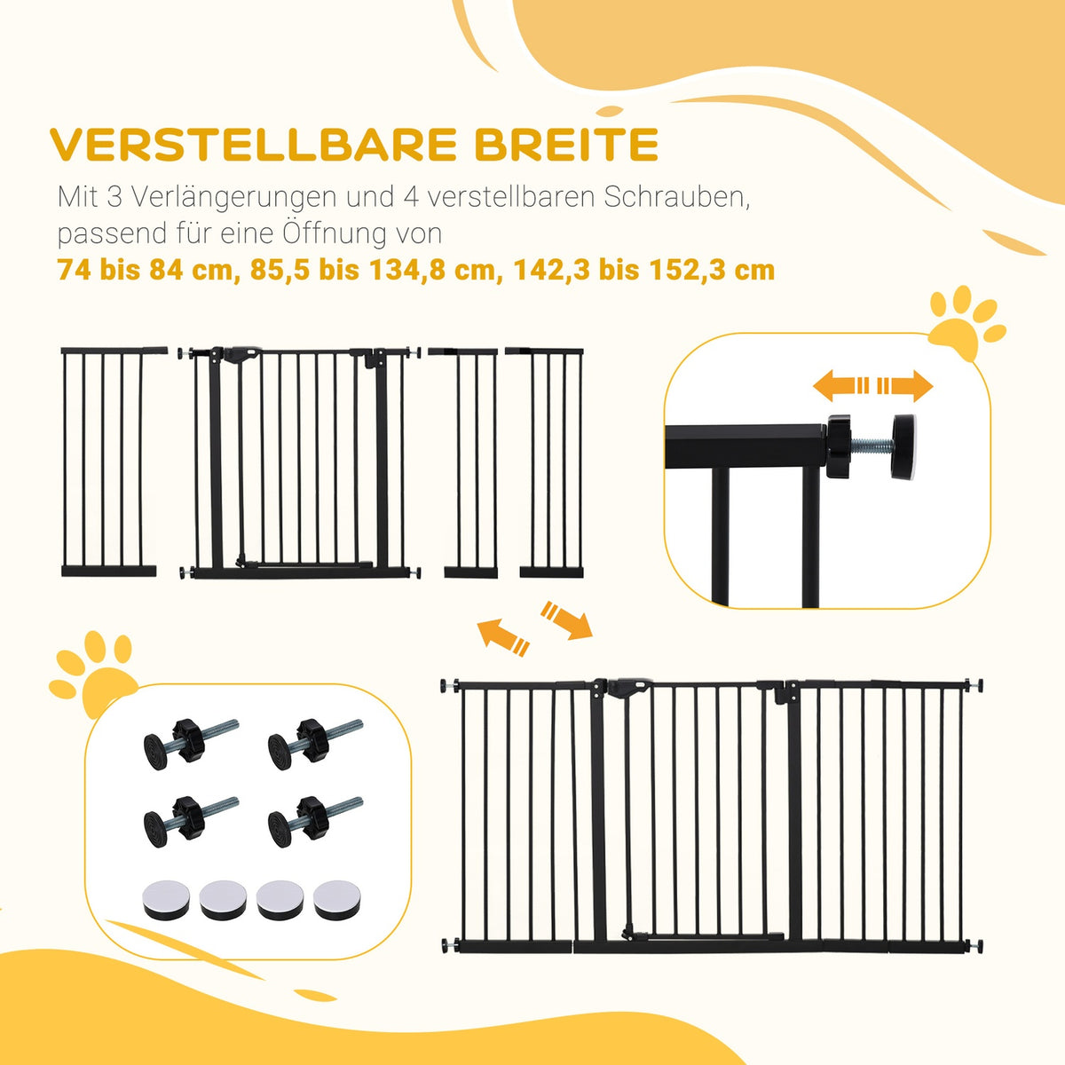 Door safety gate, barrier gate, protective gate for pets, stair gate, no drilling, metal, plastic, black, 136.3 cm x 76.2 cm