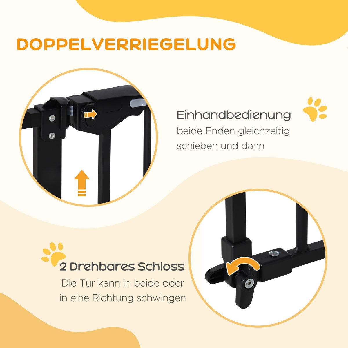 Door safety gate, barrier gate, protective gate for pets, stair gate, no drilling, metal, plastic, black, 136.3 cm x 76.2 cm