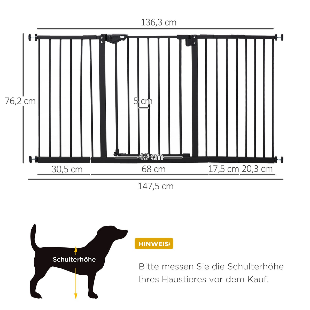 Door safety gate, barrier gate, protective gate for pets, stair gate, no drilling, metal, plastic, black, 136.3 cm x 76.2 cm