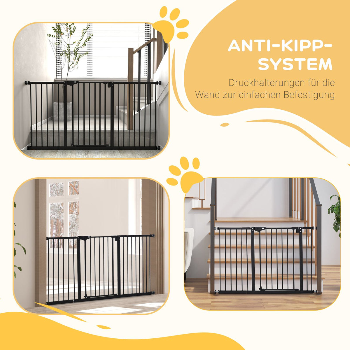 Door safety gate, barrier gate, protective gate for pets, stair gate, no drilling, metal, plastic, black, 136.3 cm x 76.2 cm