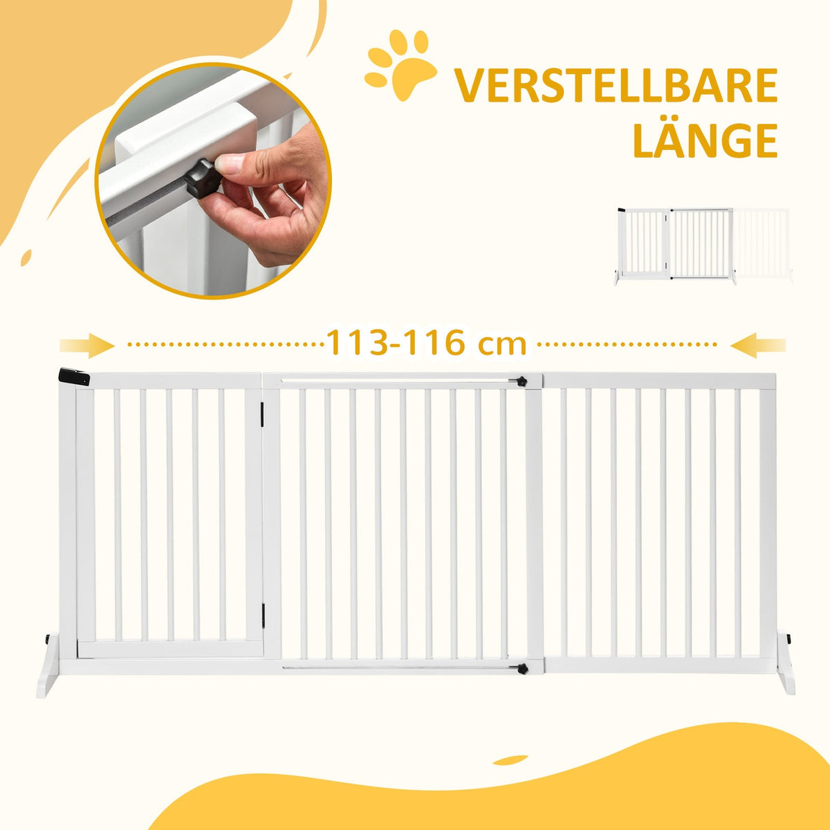 Door safety gate for dogs Freestanding wooden safety gate with door, white, 113-166x36x71cm