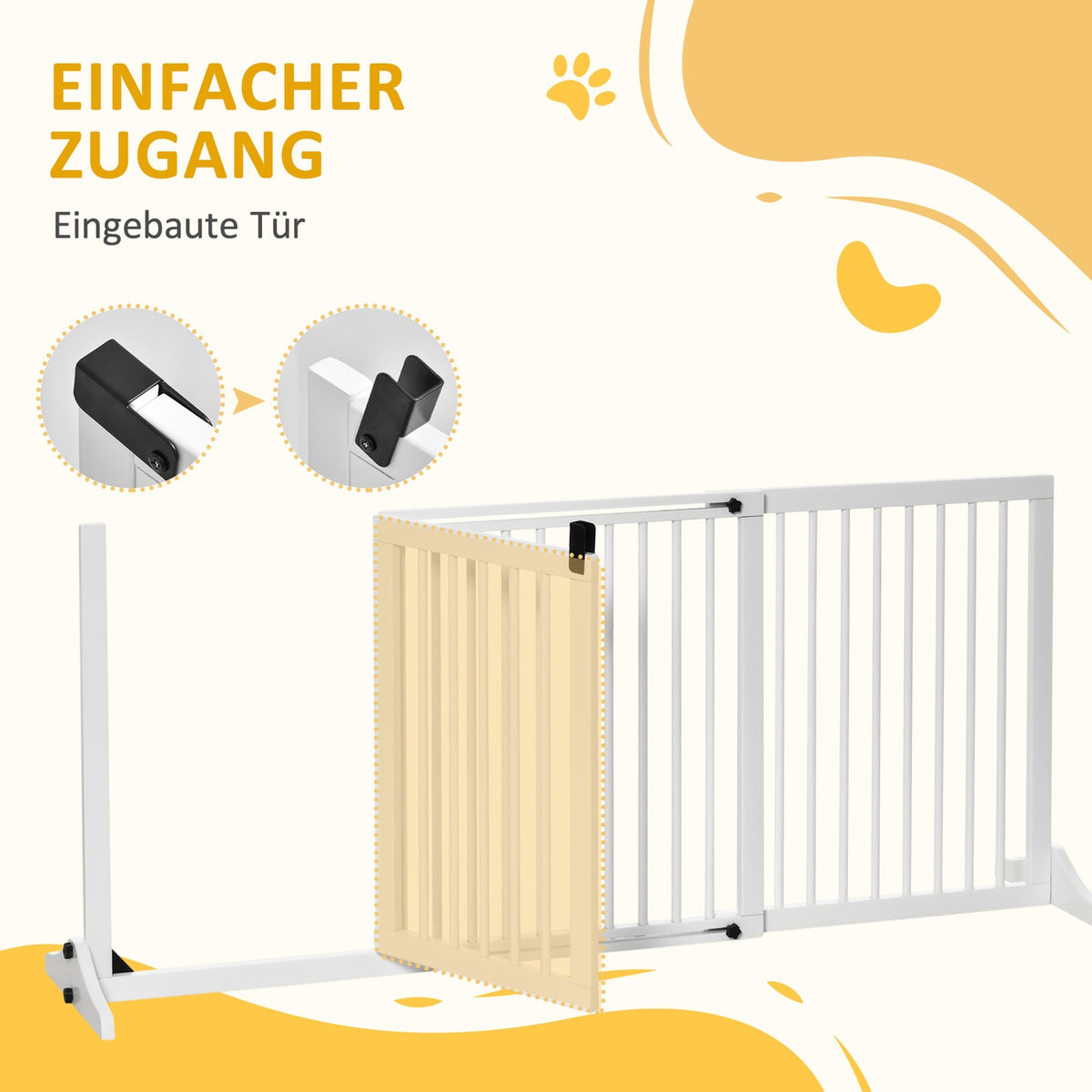 Door safety gate for dogs Freestanding wooden safety gate with door, white, 113-166x36x71cm