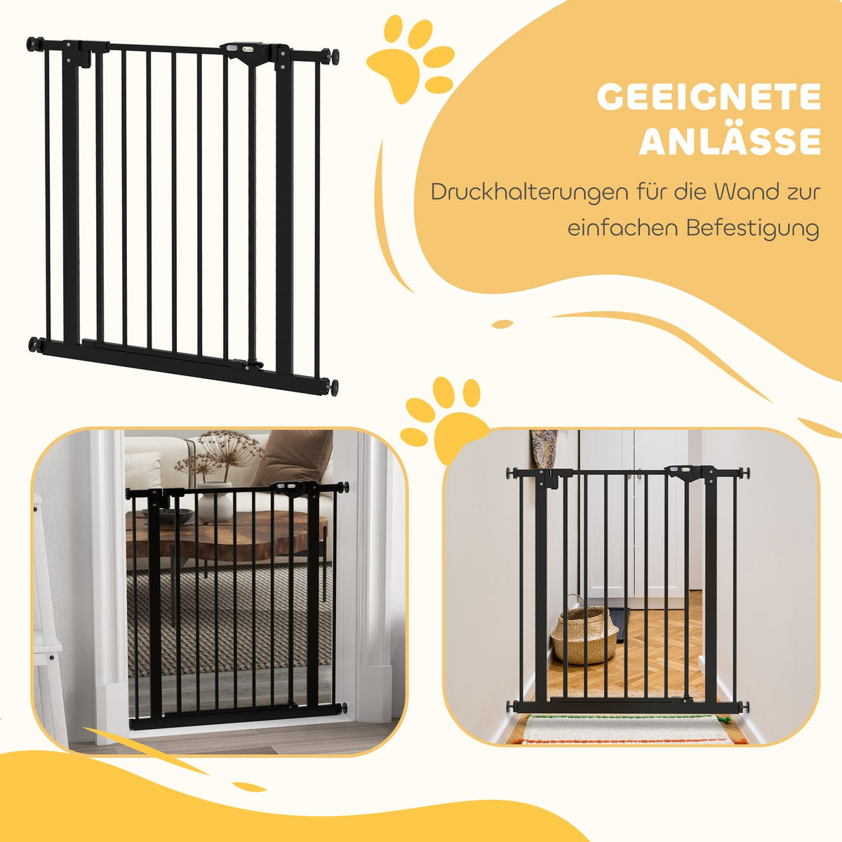Door safety gate for dogs, barrier gate, 74-80 cm, stair gate for pets, dog gate including various extensions, protective gate without drilling, metal, plastic, black |