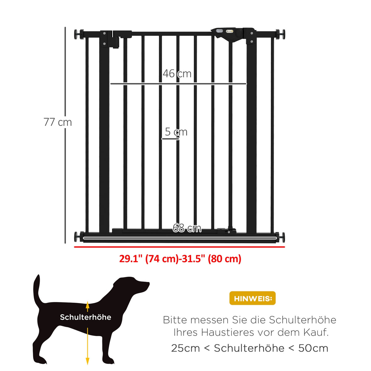 Door safety gate for dogs, barrier gate, 74-80 cm, stair gate for pets, dog gate including various extensions, protective gate without drilling, metal, plastic, black |