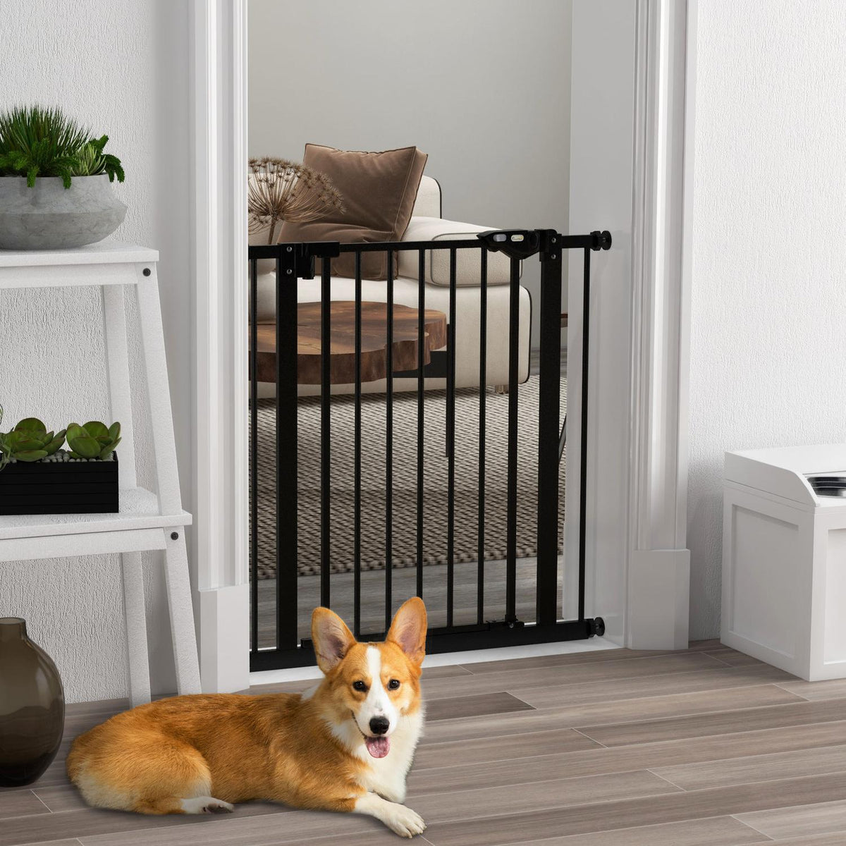 Door safety gate for dogs, barrier gate, 74-80 cm, stair gate for pets, dog gate including various extensions, protective gate without drilling, metal, plastic, black |