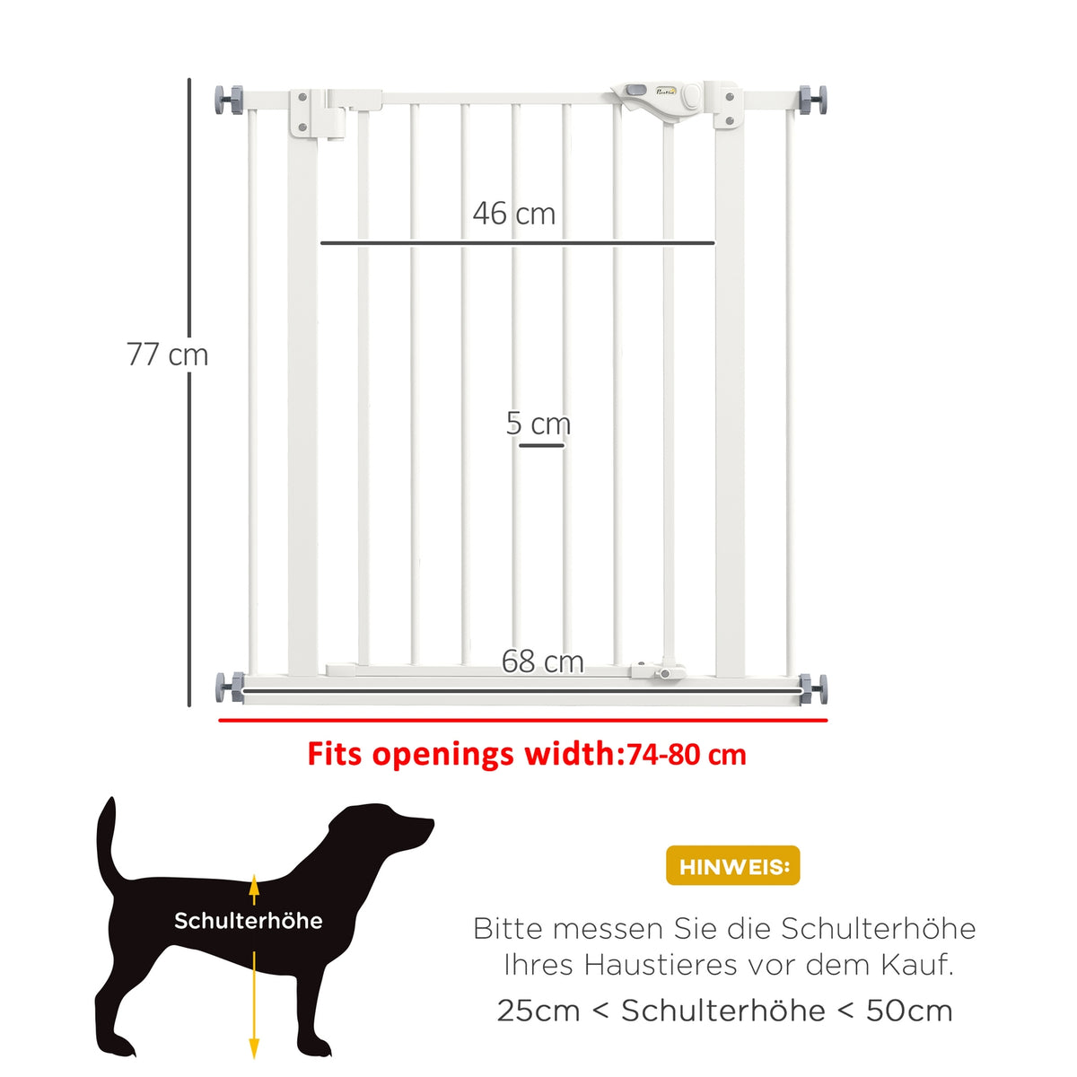 Door safety gate for dogs, barrier gate, 74-80 cm, stair gate for pets, dog gate, protective gate without drilling, metal, plastic, white