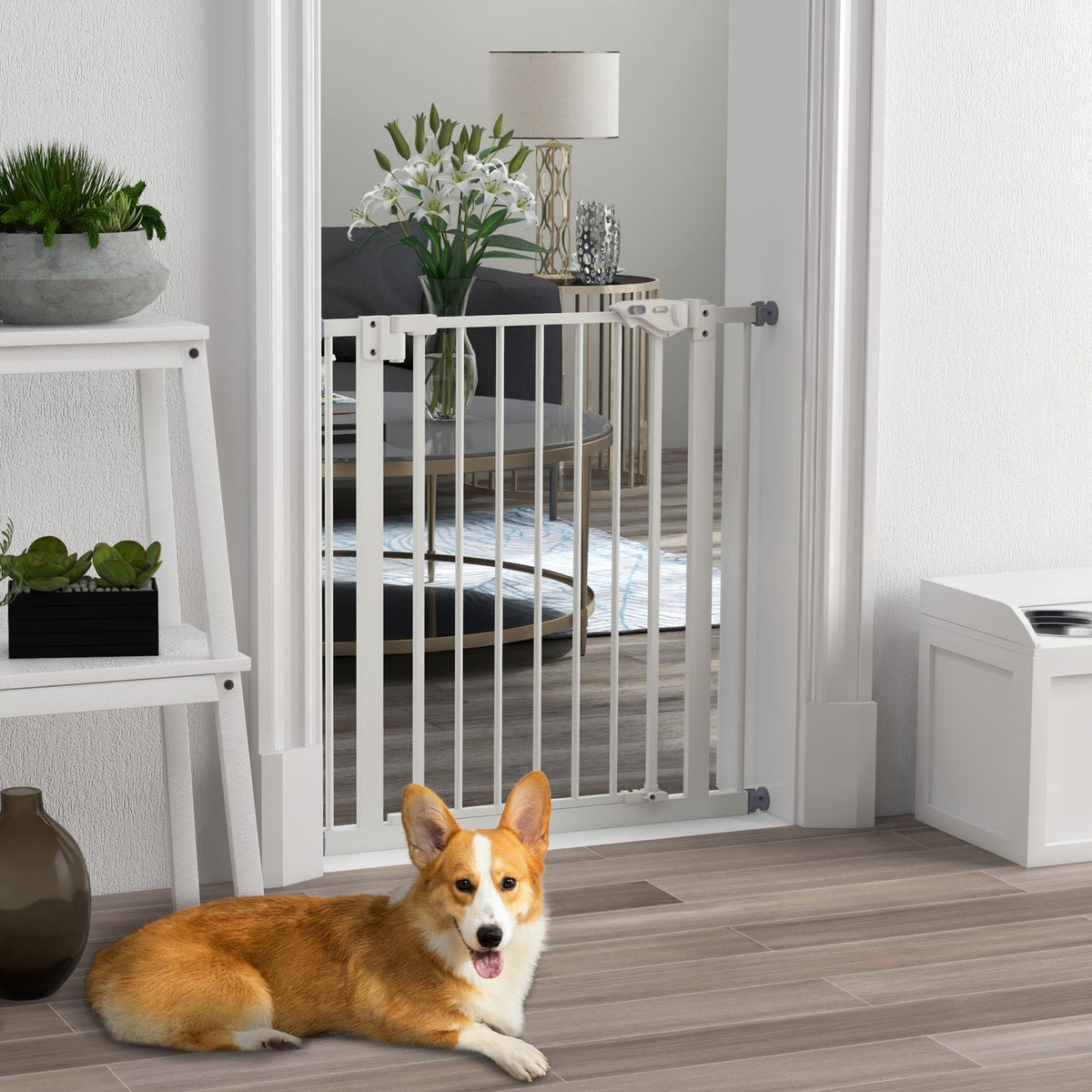 Door safety gate for dogs, barrier gate, 74-80 cm, stair gate for pets, dog gate, protective gate without drilling, metal, plastic, white
