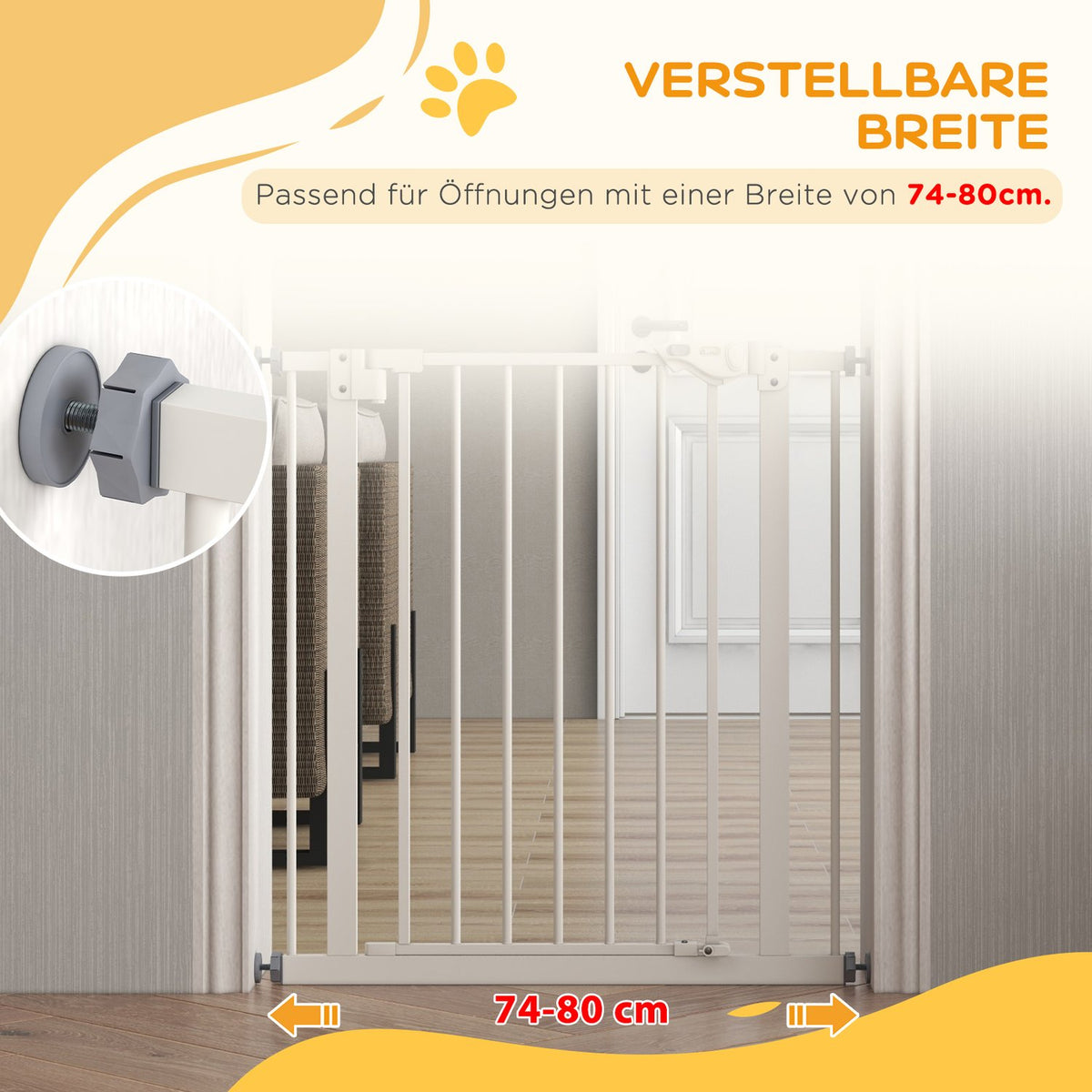 Door safety gate for dogs, barrier gate, 74-80 cm, stair gate for pets, dog gate, protective gate without drilling, metal, plastic, white
