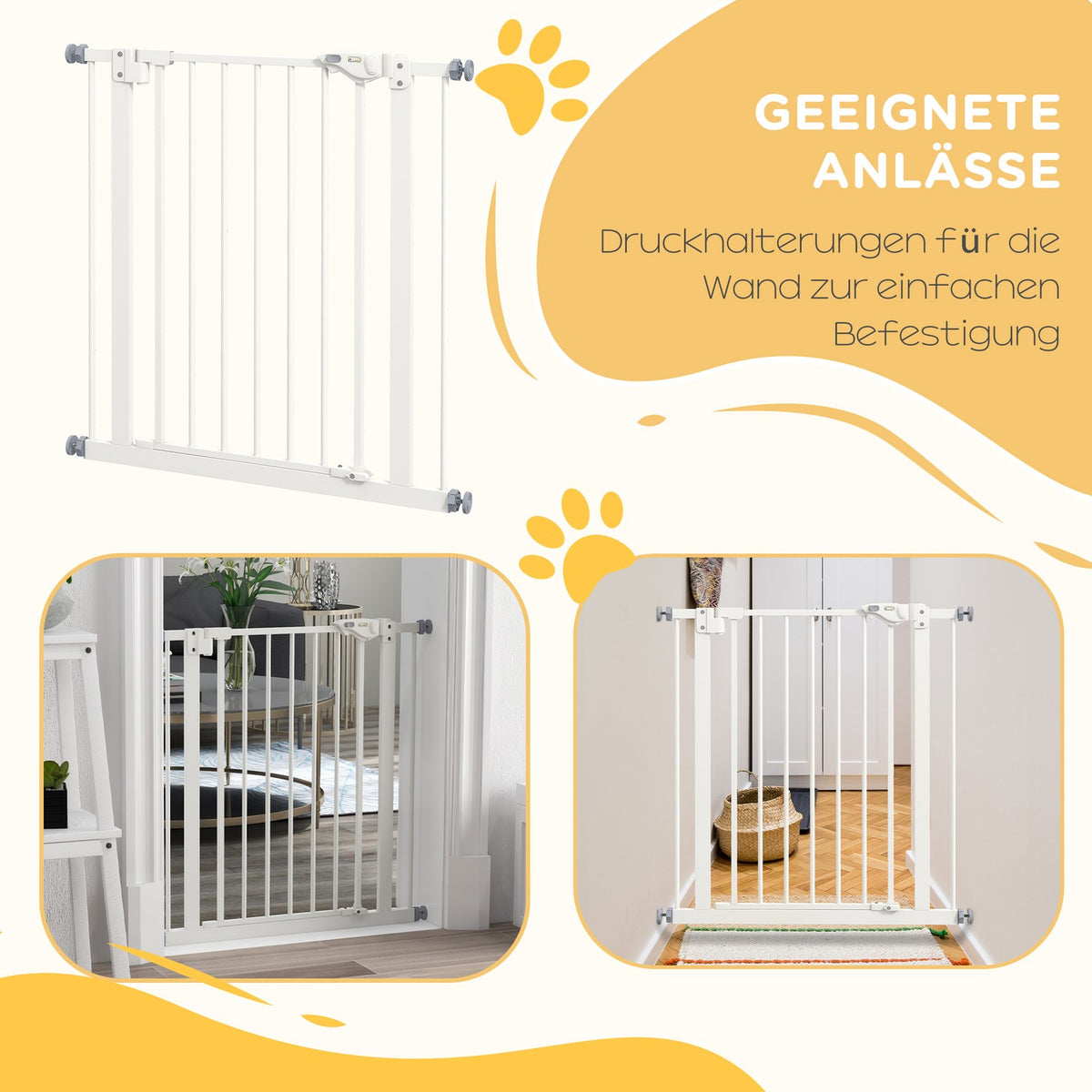 Door safety gate for dogs, barrier gate, 74-80 cm, stair gate for pets, dog gate, protective gate without drilling, metal, plastic, white