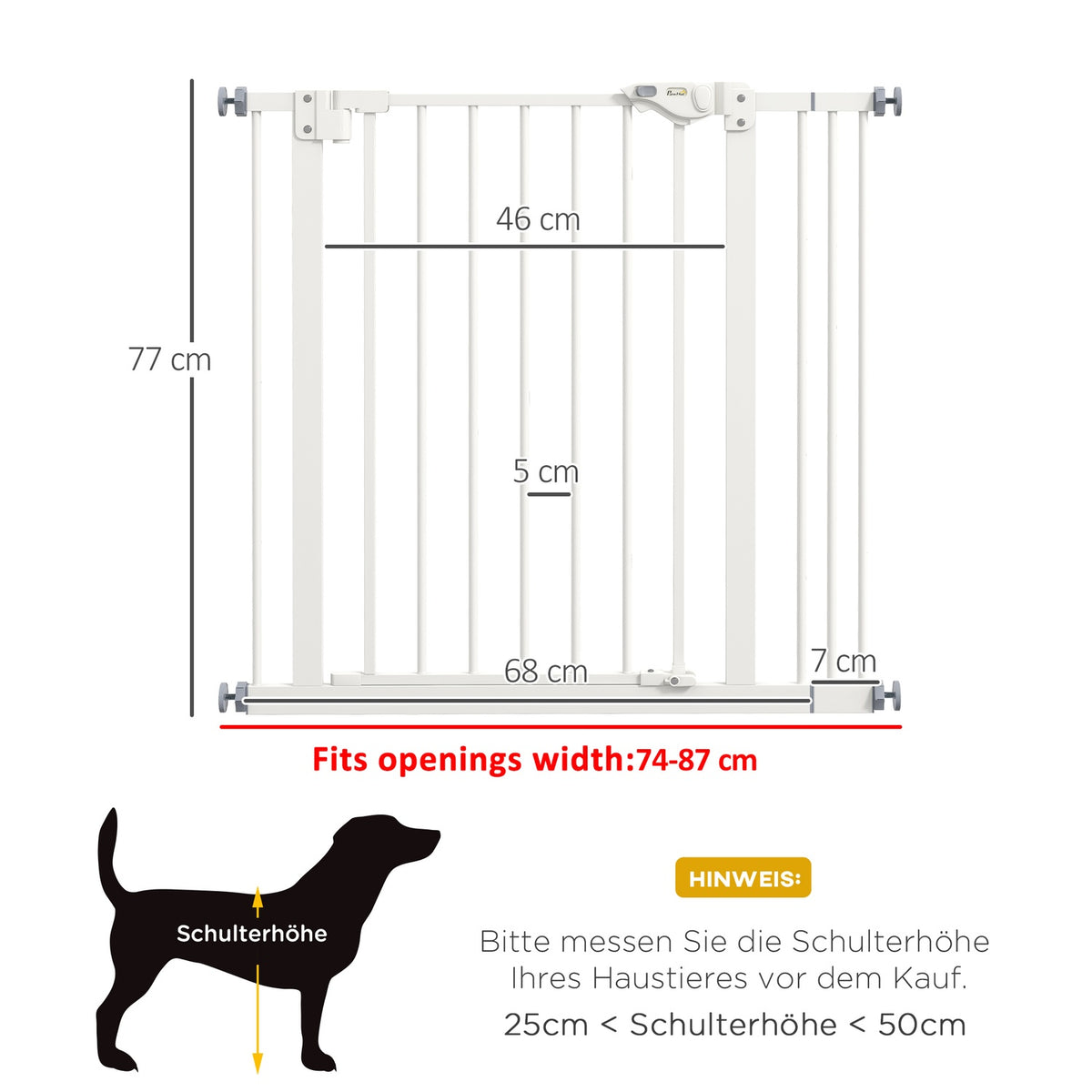 Door safety gate for dogs, barrier gate, 74-87 cm, stair gate for pets, dog gate including extension, protective gate without drilling, metal, plastic, white
