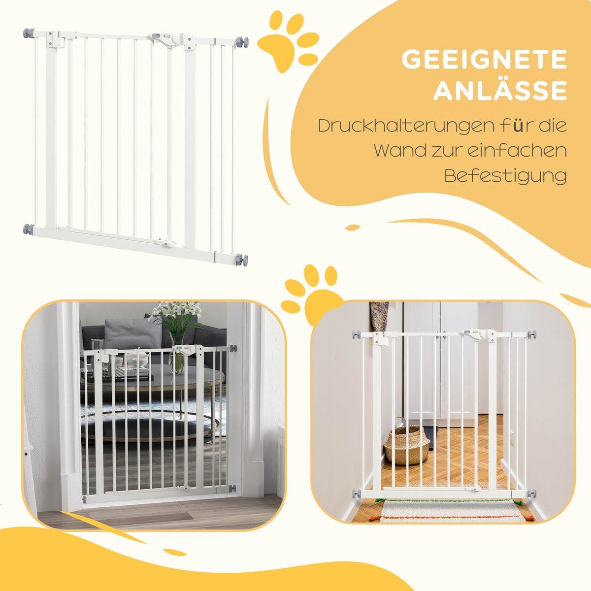 Door safety gate for dogs, barrier gate, 74-87 cm, stair gate for pets, dog gate including extension, protective gate without drilling, metal, plastic, white