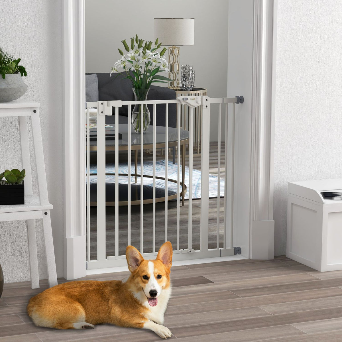 Door safety gate for dogs, barrier gate, 74-87 cm, stair gate for pets, dog gate including extension, protective gate without drilling, metal, plastic, white
