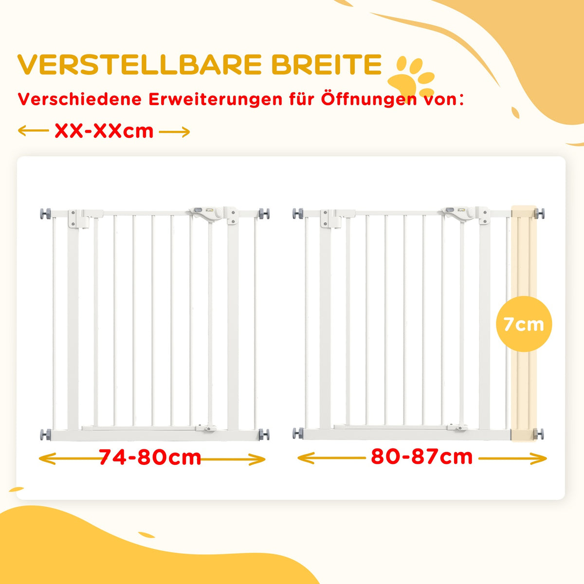 Door safety gate for dogs, barrier gate, 74-87 cm, stair gate for pets, dog gate including extension, protective gate without drilling, metal, plastic, white