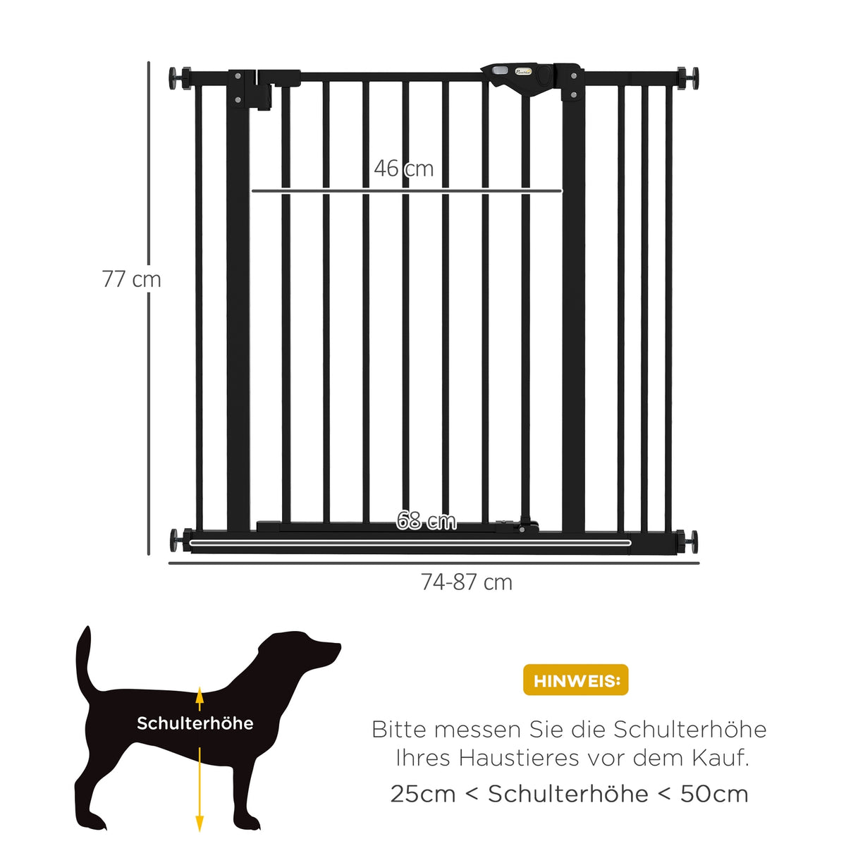 Door safety gate for dogs, barrier gate, 74-87 cm, stair gate for pets, dog gate including various extensions, protective gate without drilling, metal, plastic, black |