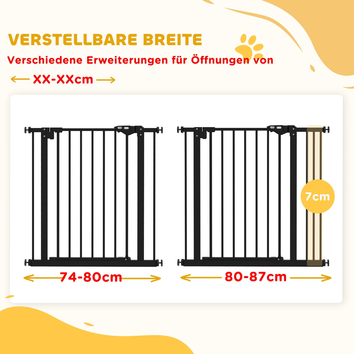 Door safety gate for dogs, barrier gate, 74-87 cm, stair gate for pets, dog gate including various extensions, protective gate without drilling, metal, plastic, black |