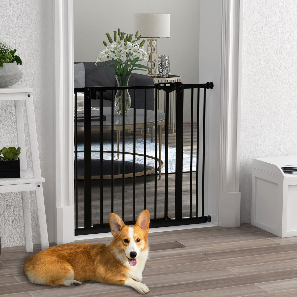 Door safety gate for dogs, barrier gate, 74-87 cm, stair gate for pets, dog gate including various extensions, protective gate without drilling, metal, plastic, black |