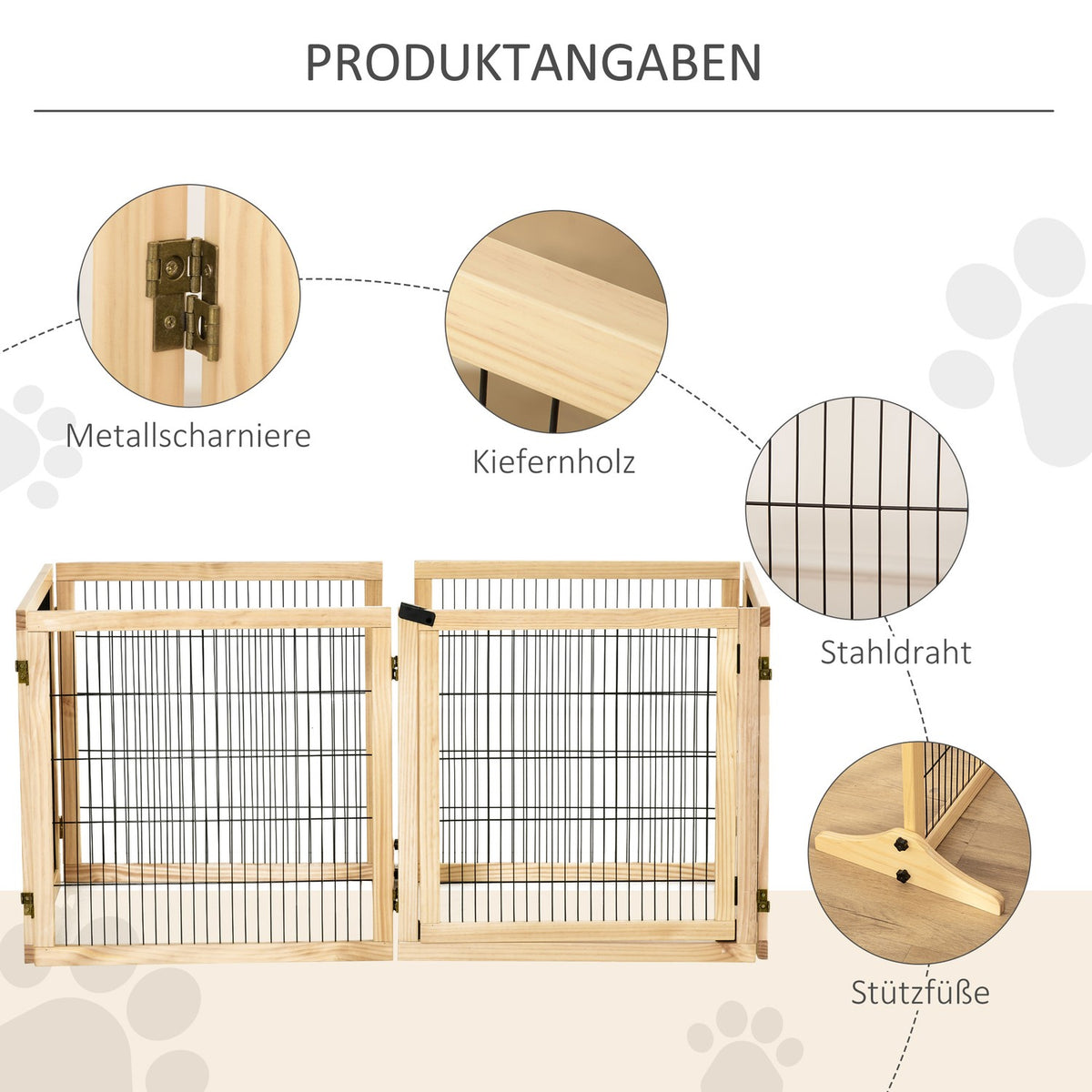 Door safety gate for dogs with footrest, bidirectional folding, pine wood, metal, natural, 432x36x70cm