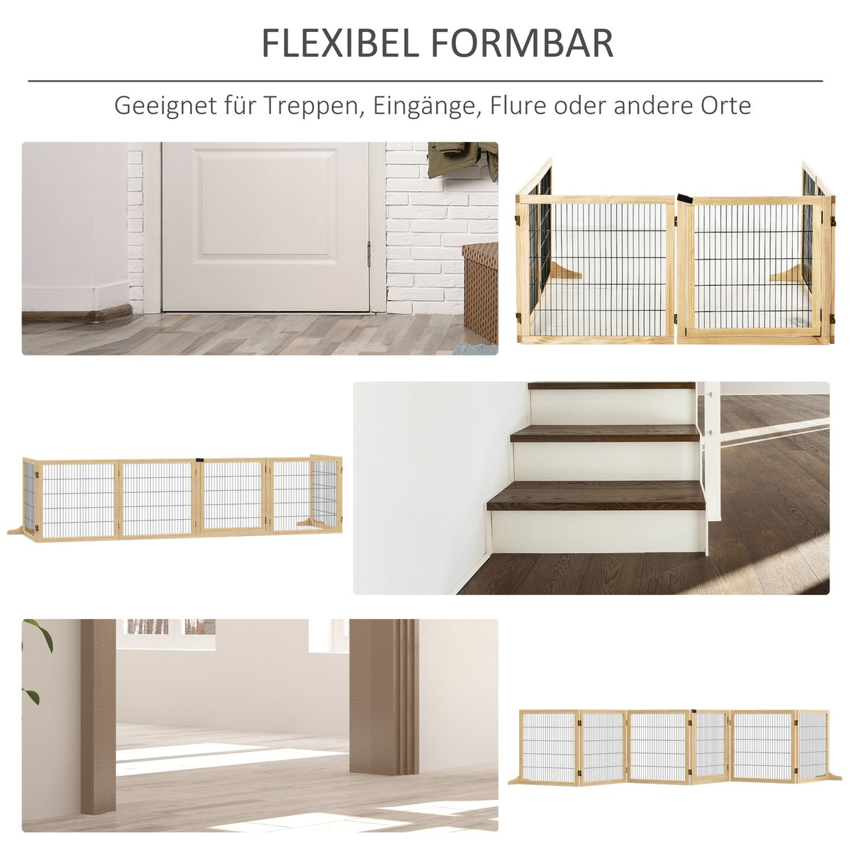 Door safety gate for dogs with footrest, bidirectional folding, pine wood, metal, natural, 432x36x70cm