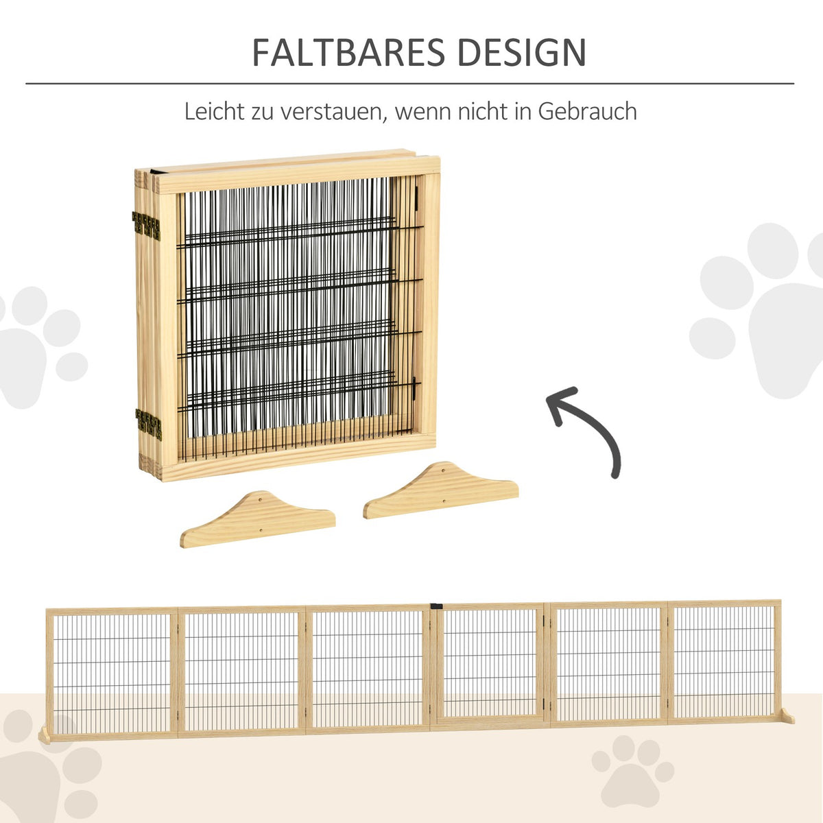 Door safety gate for dogs with footrest, bidirectional folding, pine wood, metal, natural, 432x36x70cm