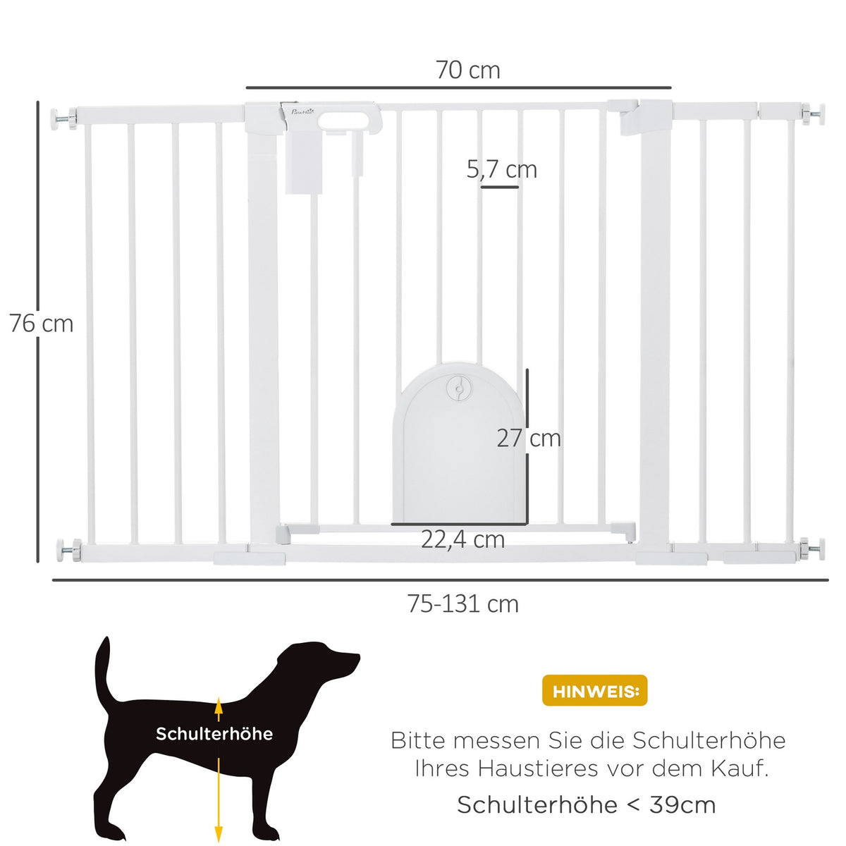 Door safety gate stair gate 75-131cm clamp fastening made of metal and ABS in white 76cm high for safety in the home