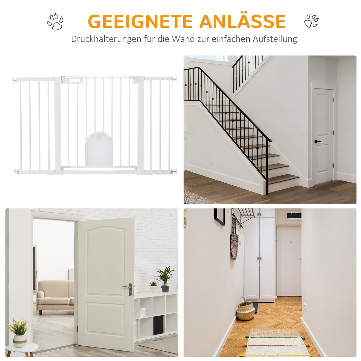 Door safety gate stair gate 75-131cm clamp fastening made of metal and ABS in white 76cm high for safety in the home
